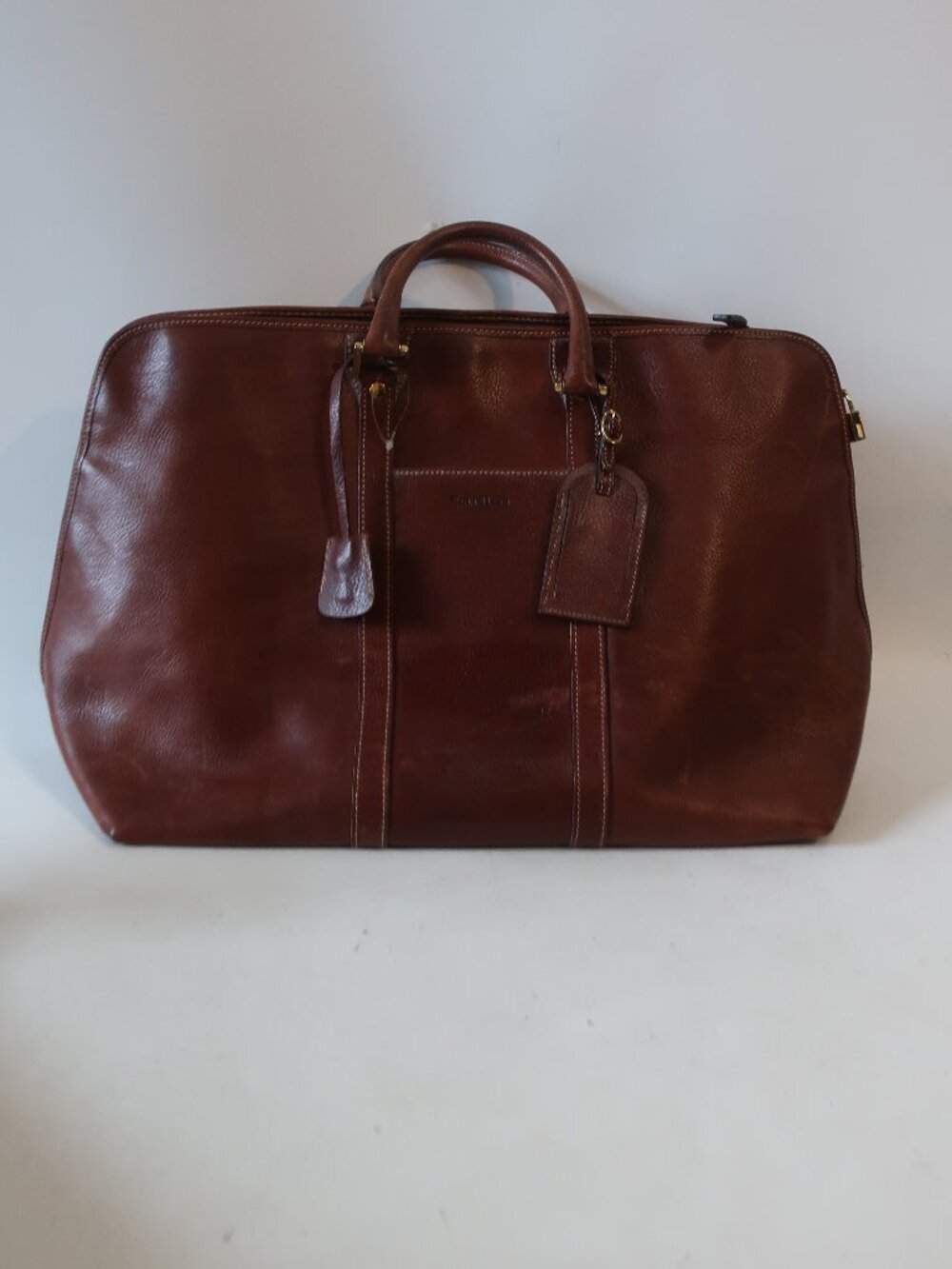 Mens Cole Haan Brown Pebbled Leather Vintage Weekender Duffel Travel Bag